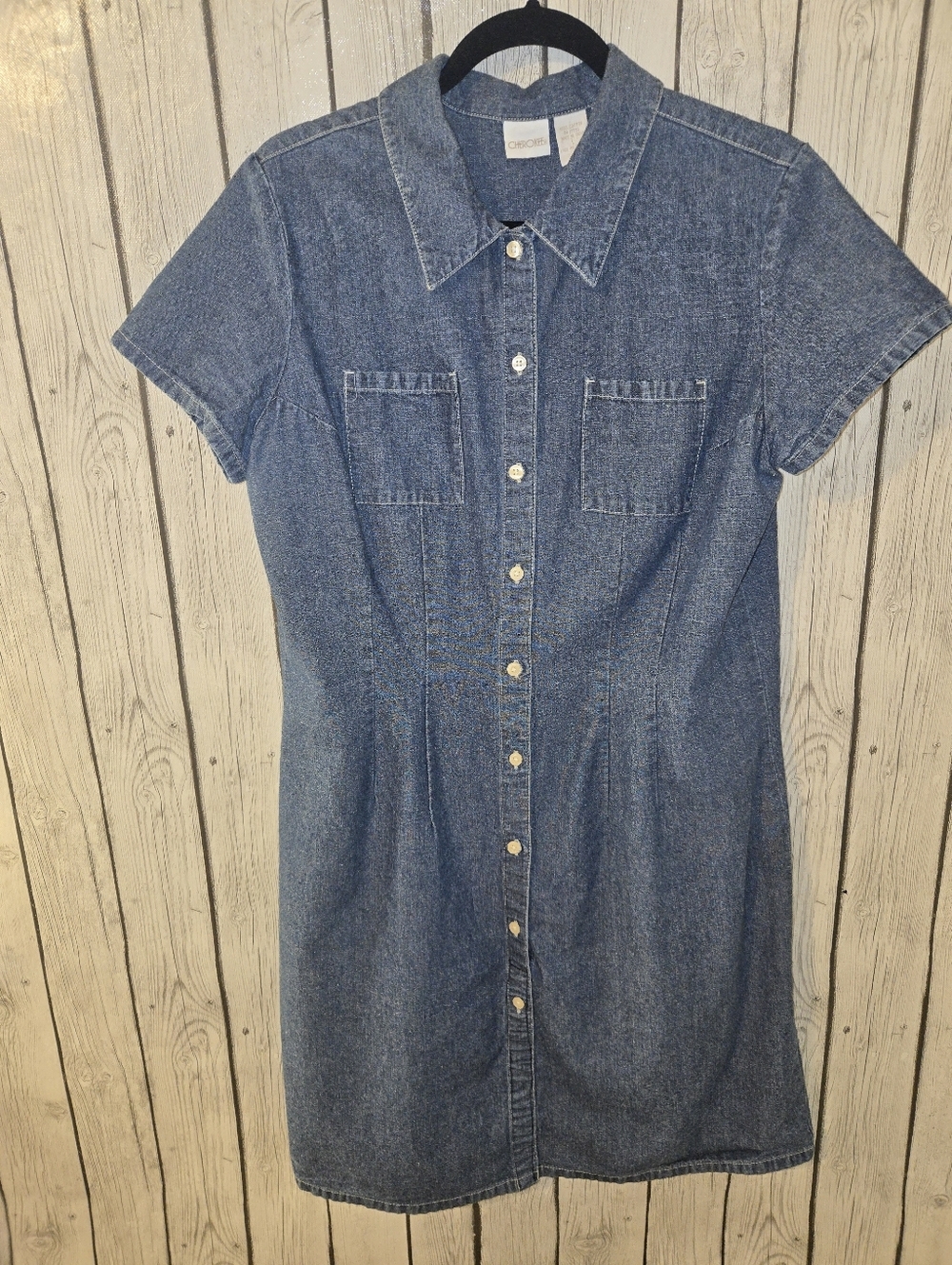 Cherokee Vintage Denim Button Down Dress Short Sleeve Size L Blue Pockets 90’s